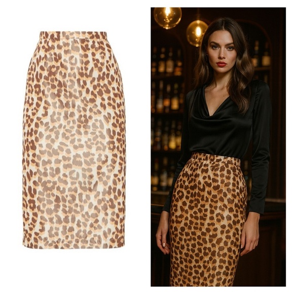 ROCHAS skirt silk leopard IT 44 US 8 midi pencil animal print office siren NWT - Picture 1 of 16